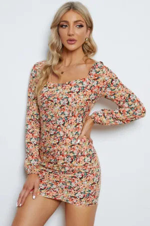 Floral Long-Sleeve Bodycon Dress (BWD)(WS06)T