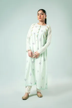 FOZIA KHALID  - Floral Paneled Tunic - Light Mint - Paper Silk - 1 Piece