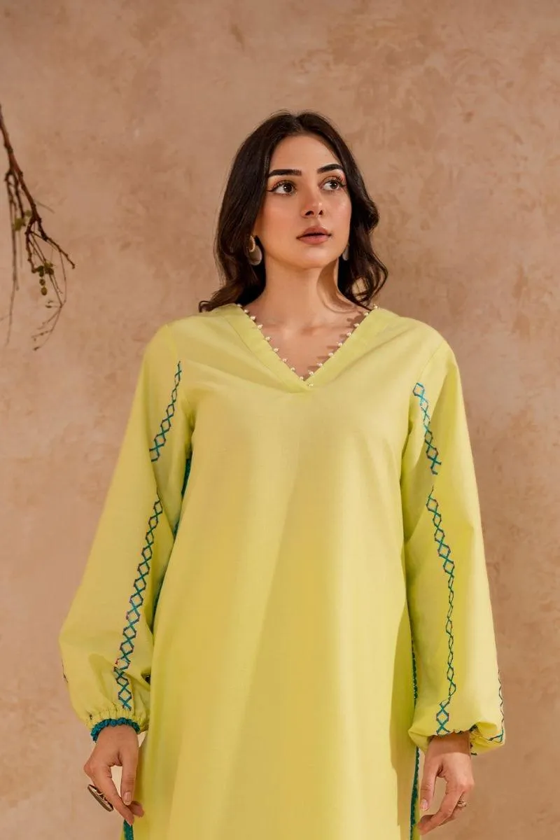 Fozia Khalid - Lime Green Tunic with Trouser - Cotton - 2 Piece