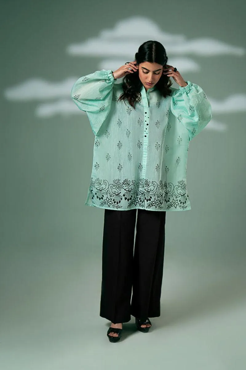 FOZIA KHALID  - Mint Green Peacock Tunic - Mint Green - Paper Silk - 1 Piece