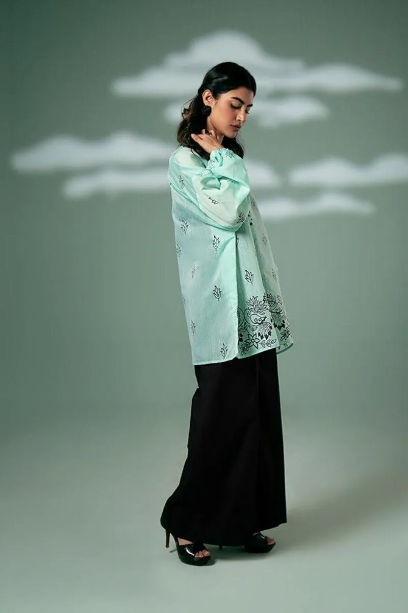 FOZIA KHALID  - Mint Green Peacock Tunic - Mint Green - Paper Silk - 1 Piece