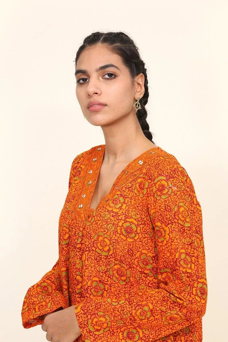 Generation - Orange Sanganer Tunic - Slub Khaddar - 1 Piece