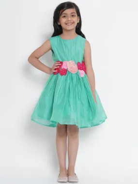 Girl's Sea Green Embellished Fit And Flare Dress  - NOZ2TOZ KIDS