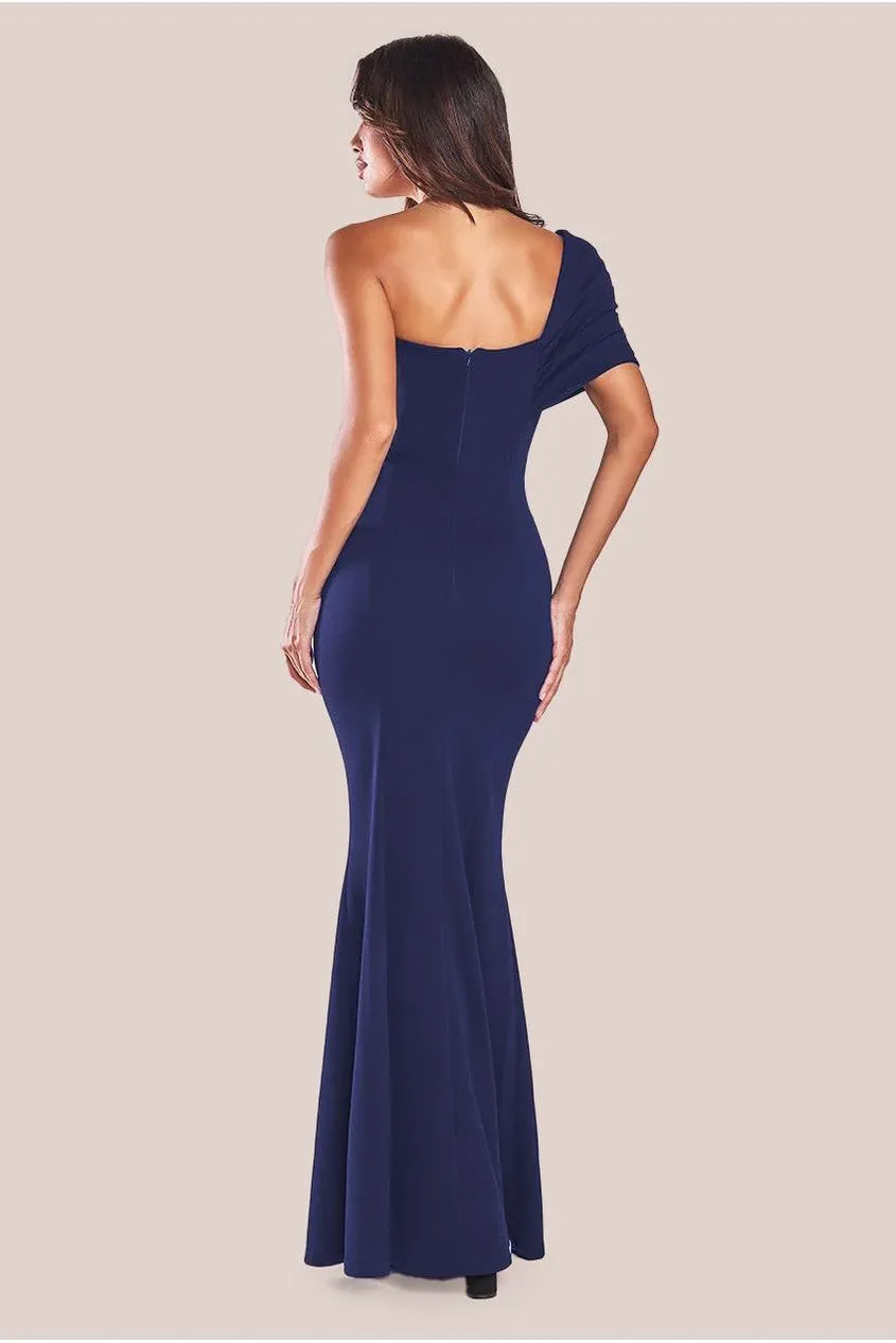 Goddiva One Shoulder Fan Maxi Dress - Navy