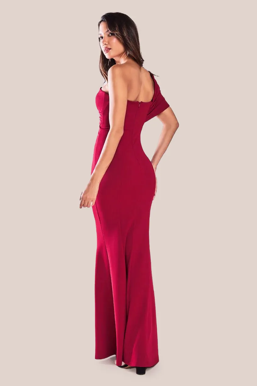 Goddiva One Shoulder Fan Maxi Dress - Wine