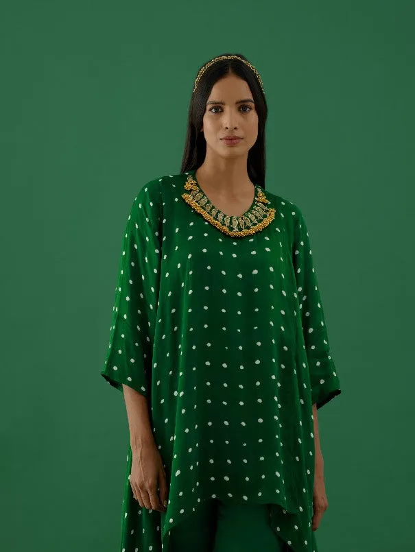 Green Bandhani Modal Satin Tunic With Ghungroo Lycra Pants (Set of 2)