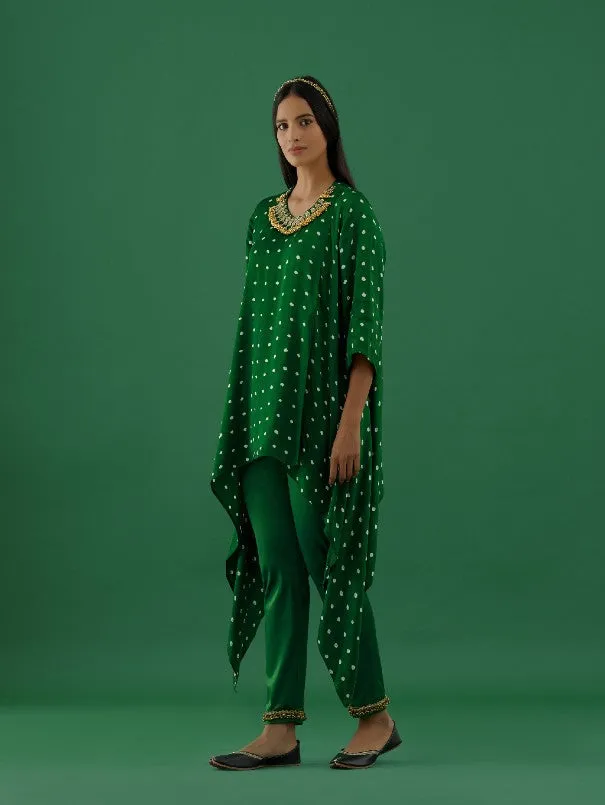 Green Bandhani Modal Satin Tunic With Ghungroo Lycra Pants (Set of 2)