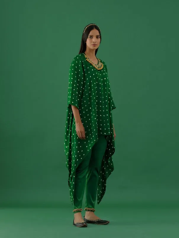 Green Bandhani Modal Satin Tunic With Ghungroo Lycra Pants (Set of 2)