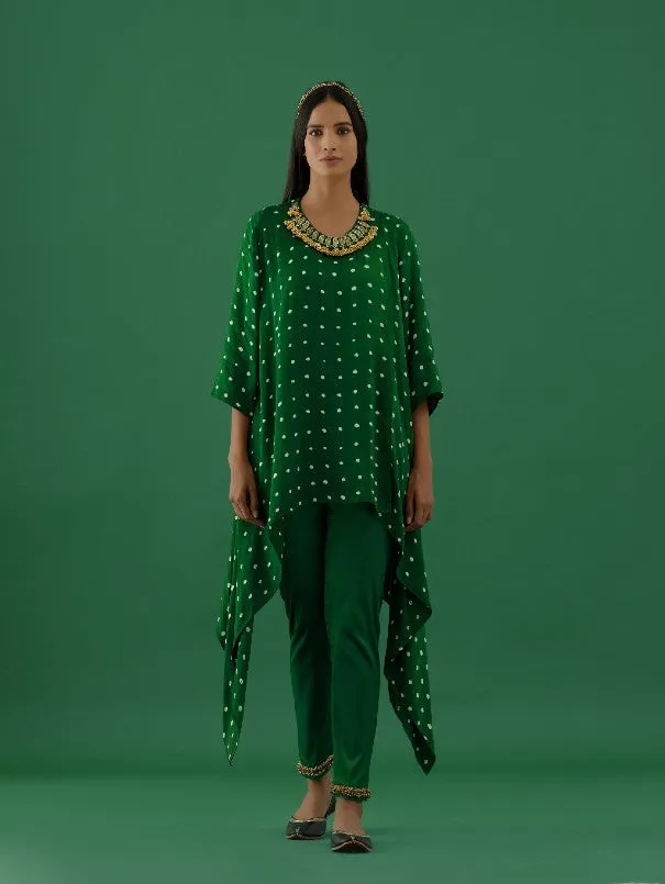 Green Ghungroo Embellished Bandhani Modal Satin Tunic