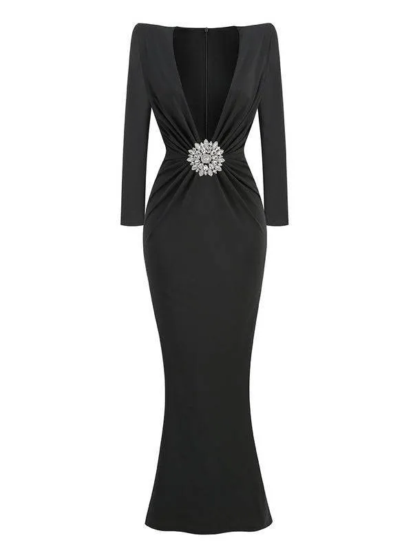 Hilda Long Sleeve Draped Embellished Maxi Dress