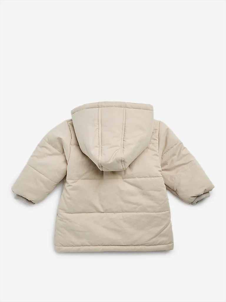 HOP Baby Beige Animal Embroidered Hooded Puffer Jacket