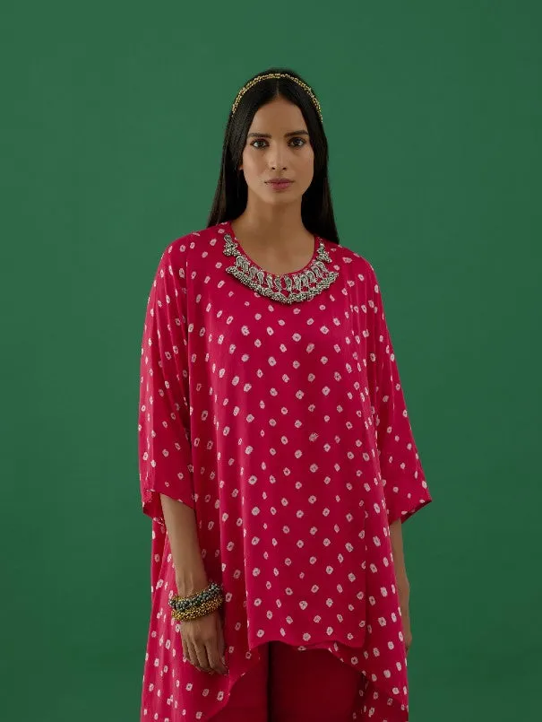 Hot Pink Ghungroo Embellished Bandhani Modal Satin Tunic