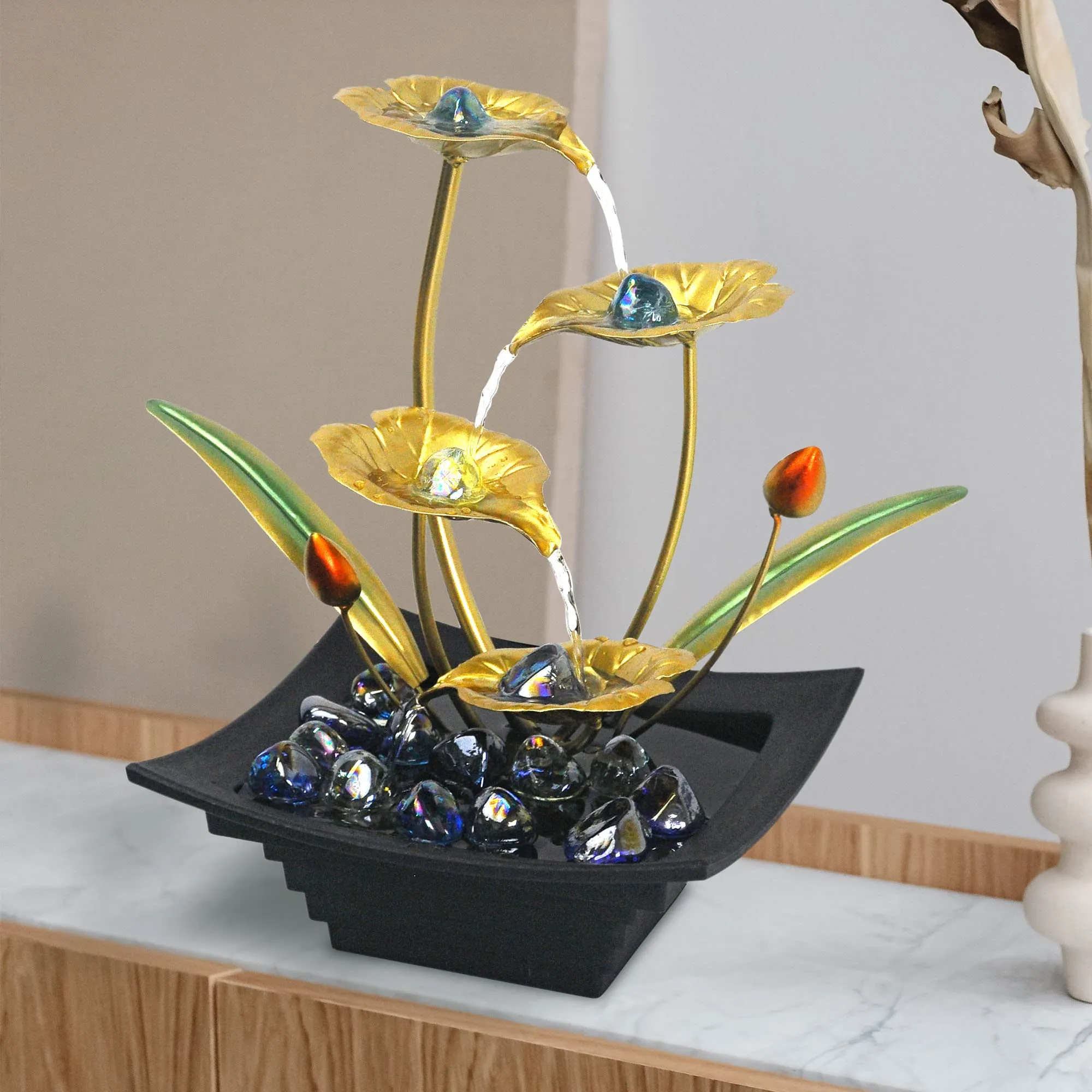 Indoor Water Fountain - 4 Tier Lotus Leaf Tabletop Fountain, Relaxation Min Waterfall for Room Decoration