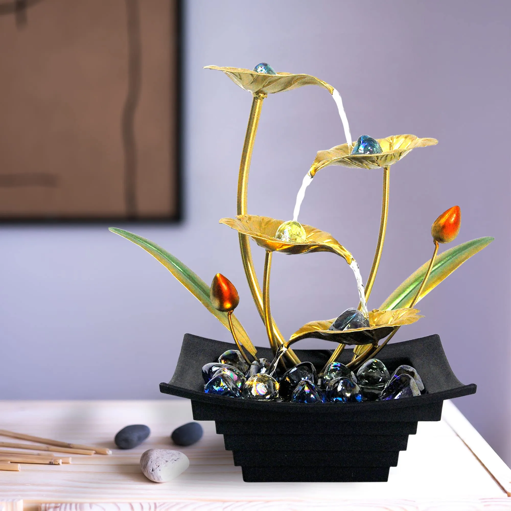 Indoor Water Fountain - 4 Tier Lotus Leaf Tabletop Fountain, Relaxation Min Waterfall for Room Decoration