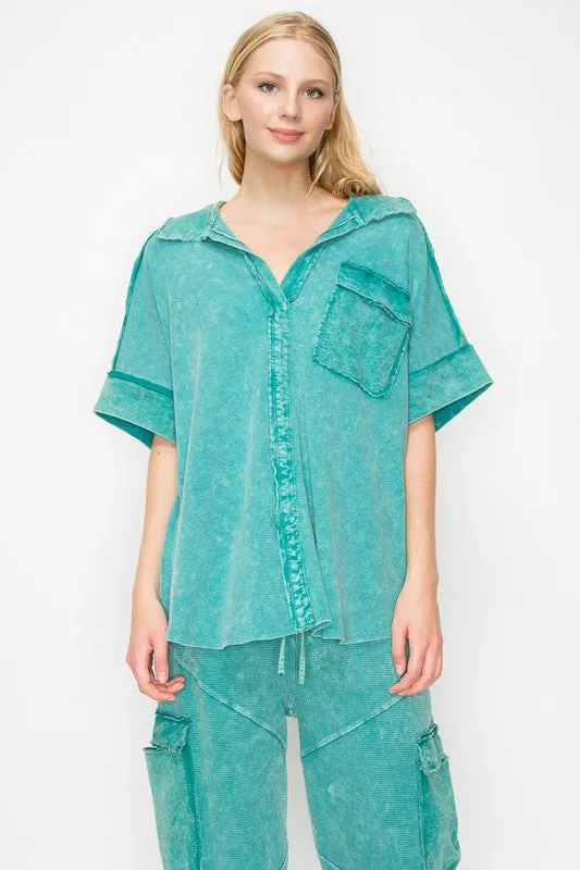 J.Her Mineral Washed Collared Shirt in Jade Cream