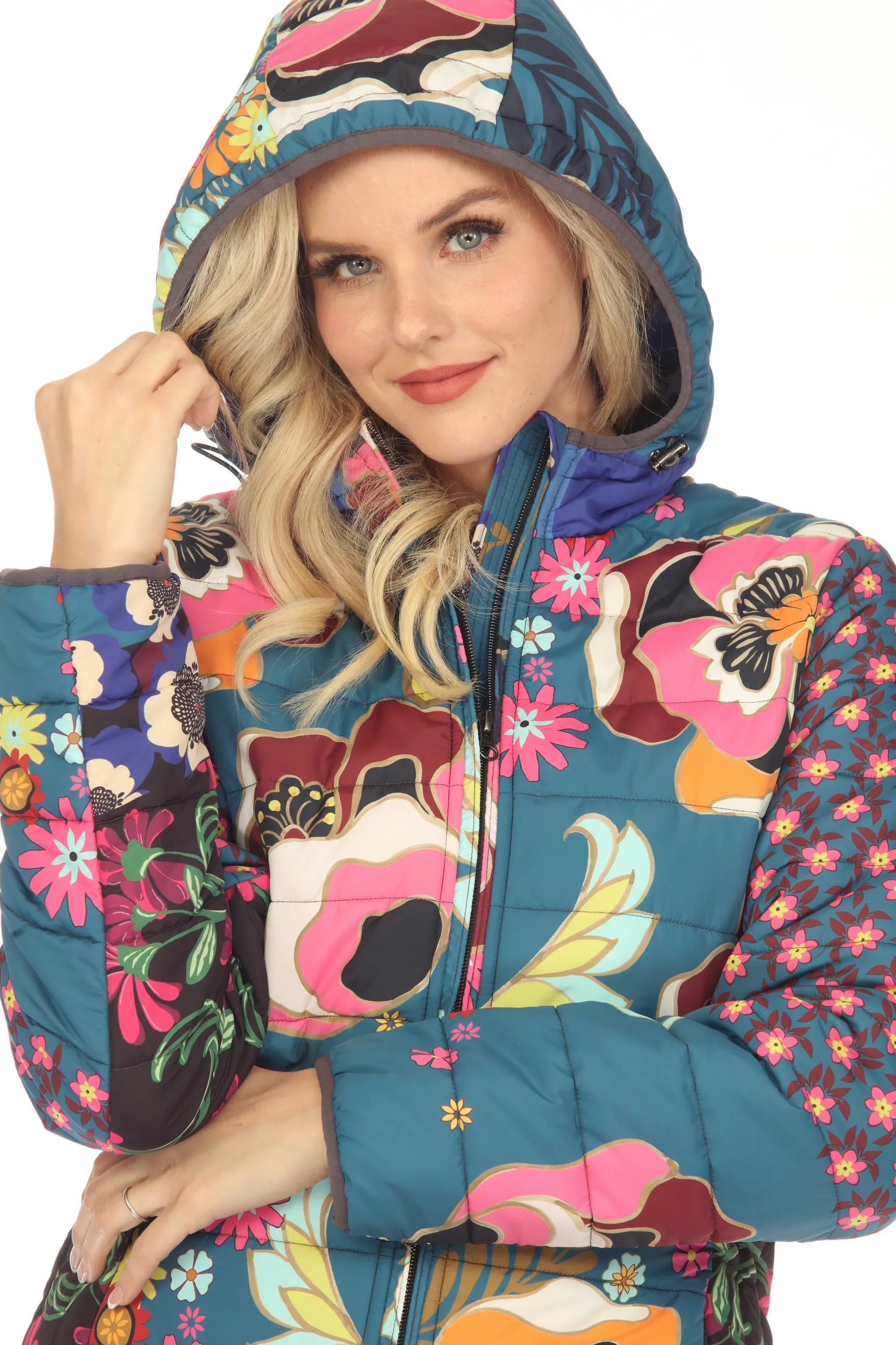 Johnny Was Hazel Mixed Print Zip Front Hooded Puffer Jacket Boho Chic C49223