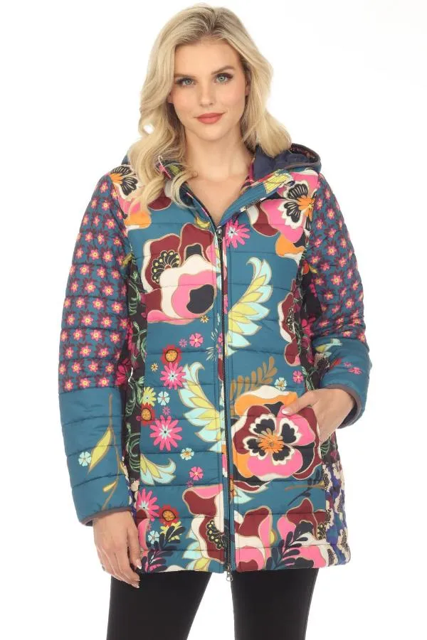 Johnny Was Hazel Mixed Print Zip Front Hooded Puffer Jacket Boho Chic C49223