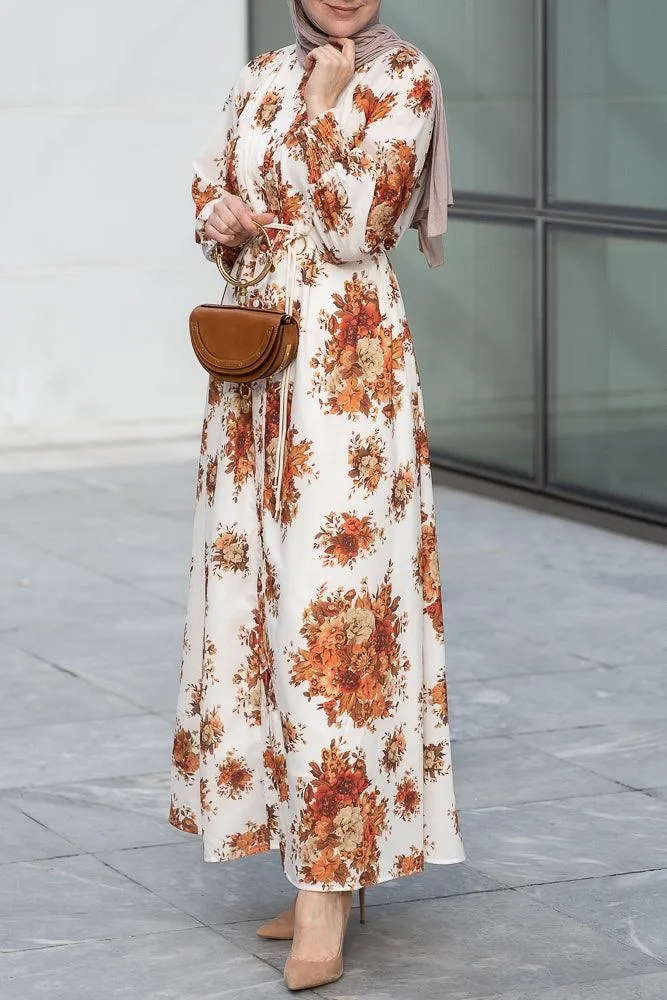 Karanfil ruched sleeve maxi dress in ditsy autumn floral loose fit