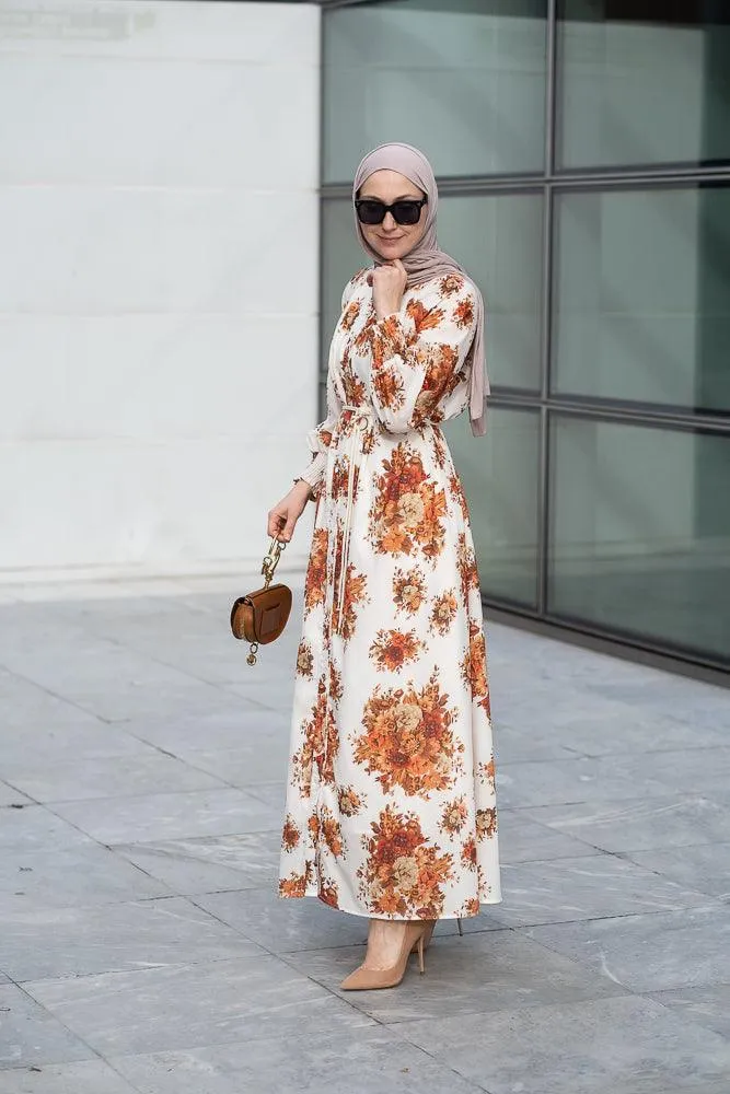 Karanfil ruched sleeve maxi dress in ditsy autumn floral loose fit