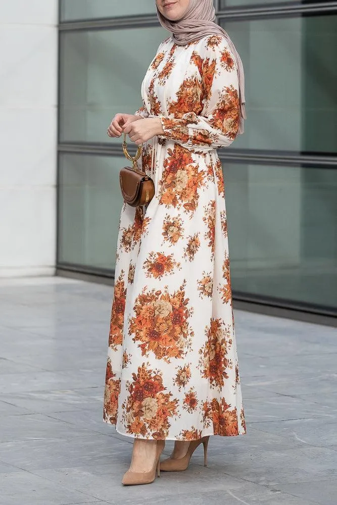 Karanfil ruched sleeve maxi dress in ditsy autumn floral loose fit