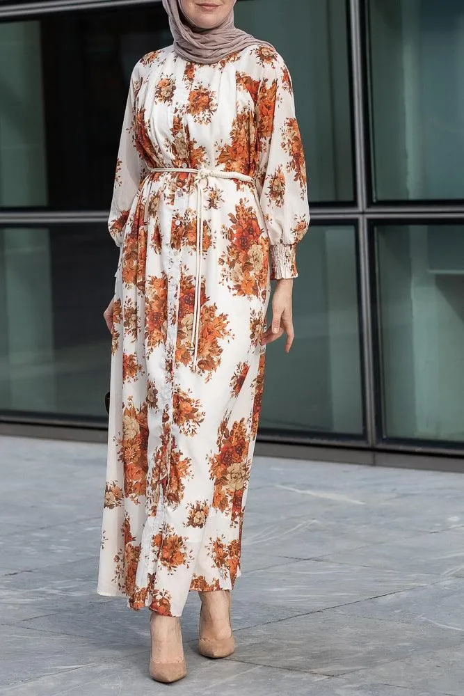 Karanfil ruched sleeve maxi dress in ditsy autumn floral loose fit