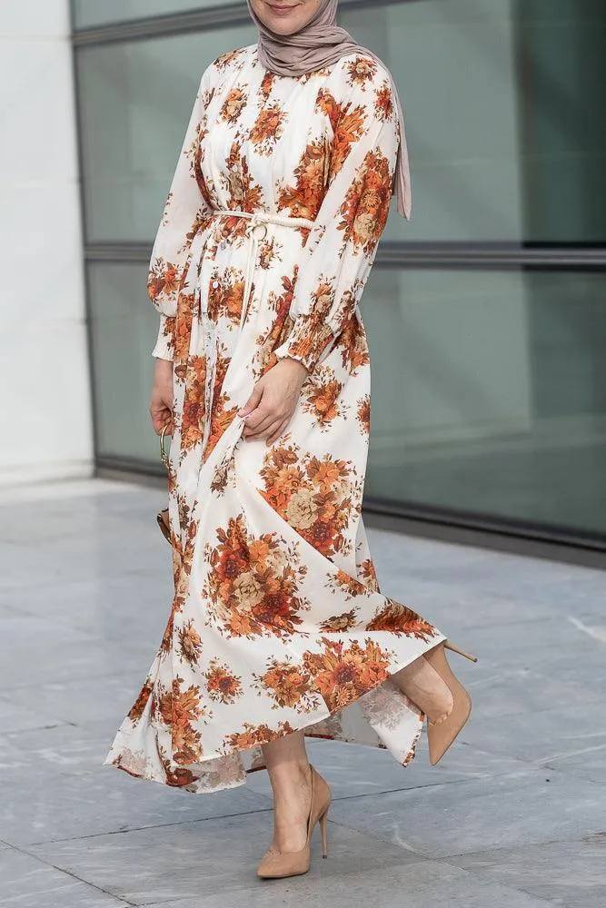 Karanfil ruched sleeve maxi dress in ditsy autumn floral loose fit