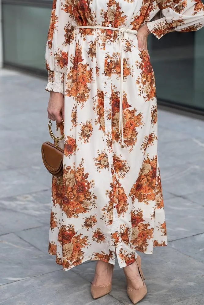 Karanfil ruched sleeve maxi dress in ditsy autumn floral loose fit