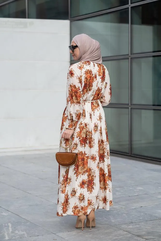 Karanfil ruched sleeve maxi dress in ditsy autumn floral loose fit