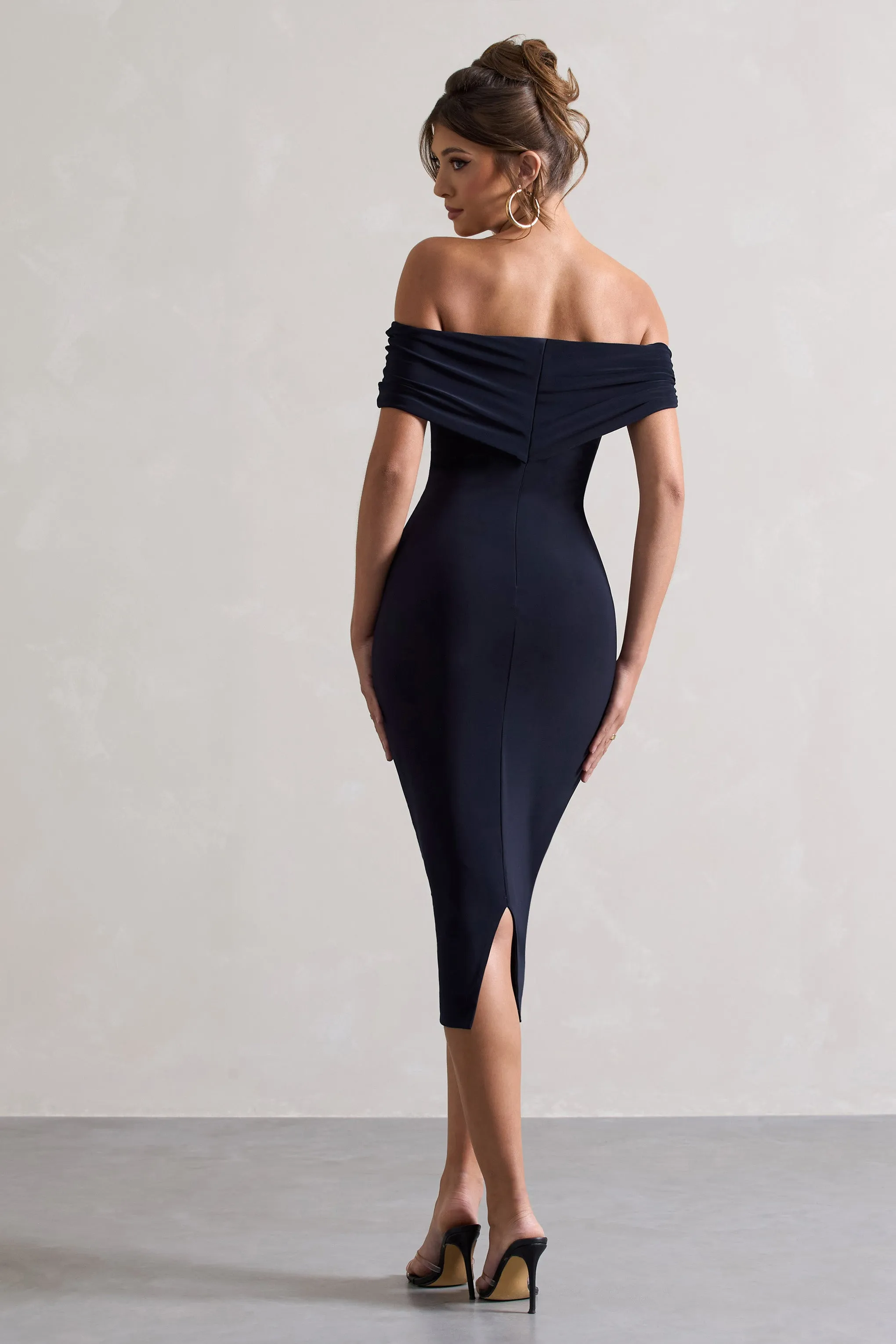 Keely | Navy Bodycon Twisted Bardot Midi Dress