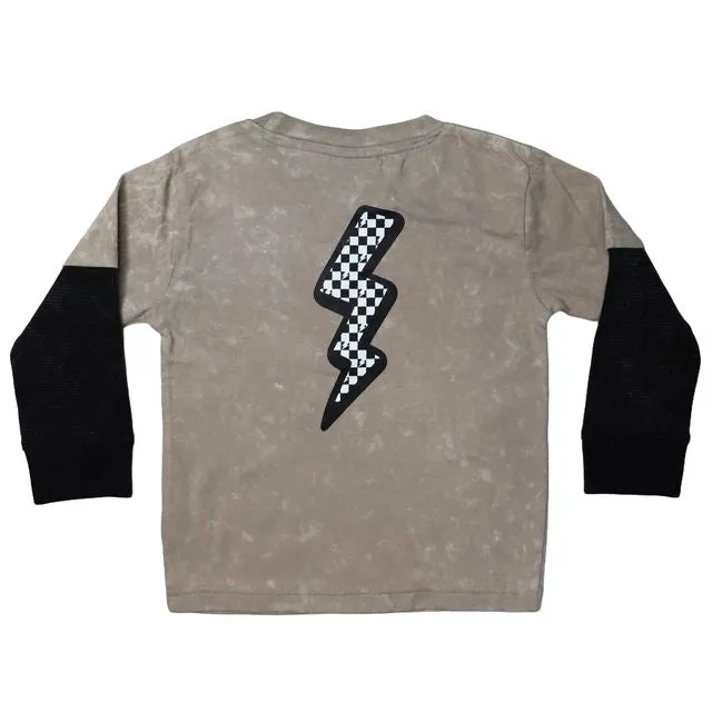 Kids Long Sleeve Thermal 2fer Shirt - Checker Lightning Bolt