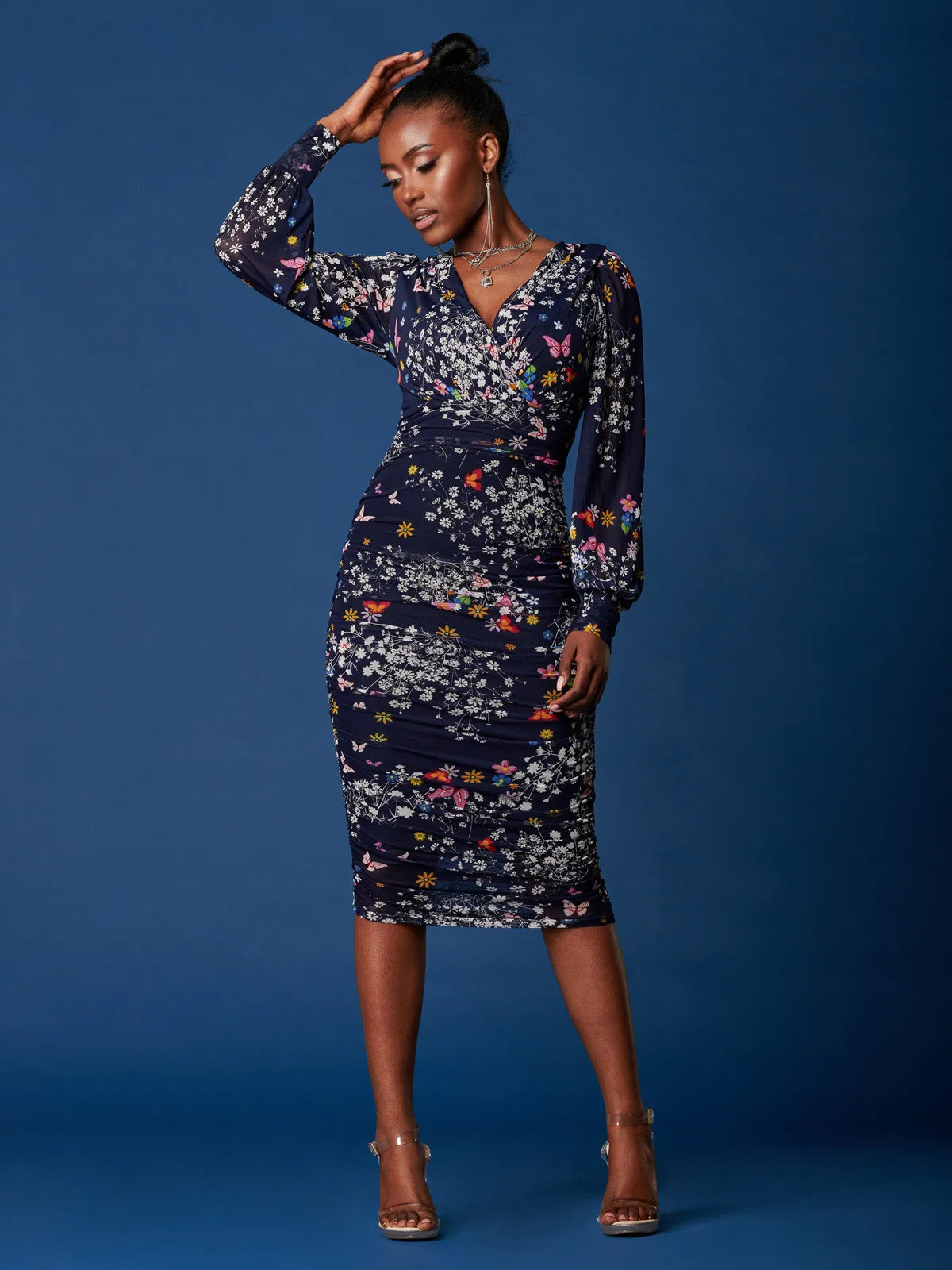 Long Sleeve Ruched Mesh Midi Dress, Navy Floral