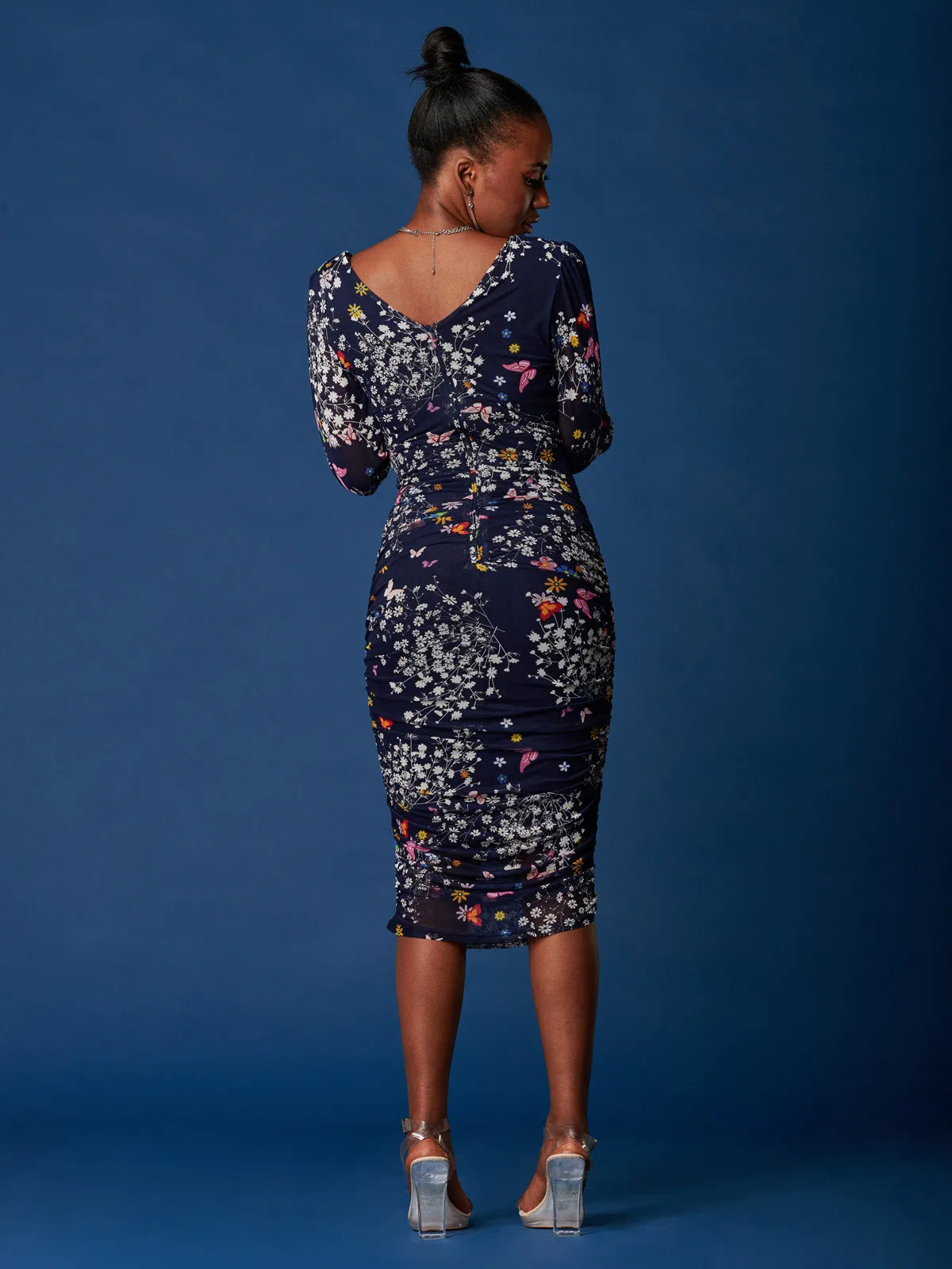 Long Sleeve Ruched Mesh Midi Dress, Navy Floral