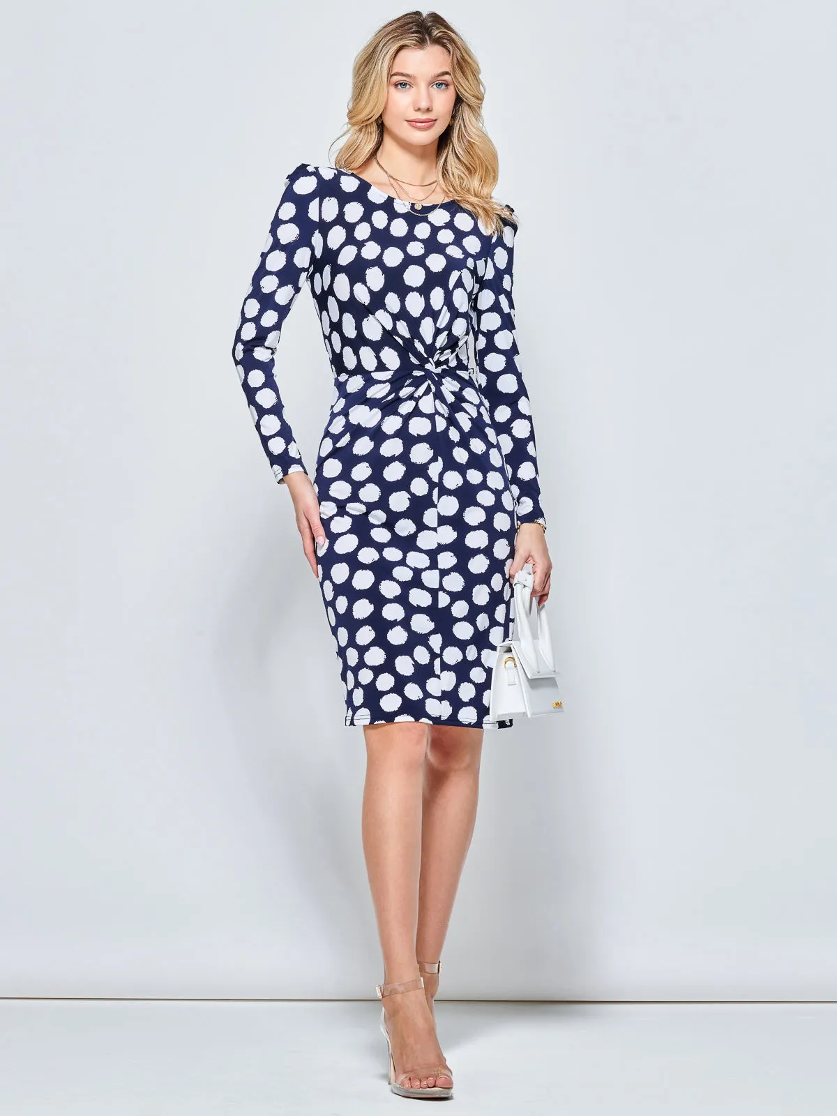 Long Sleeve Twist Front Bodycon Dress, Navy Spot