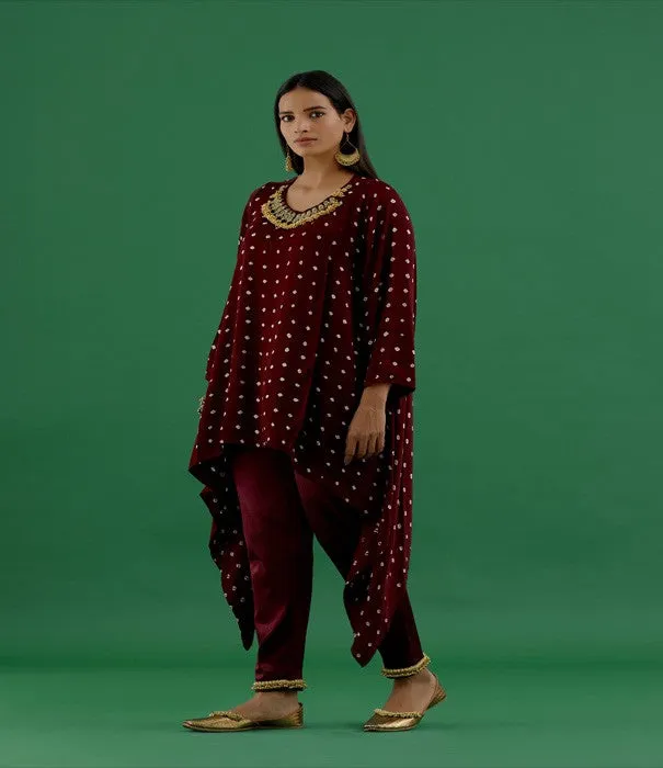 Maroon Bandhani Modal Satin Tunic With Ghungroo Lycra Pants (Set of 2)