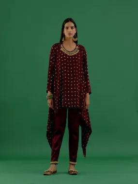 Maroon Bandhani Modal Satin Tunic With Ghungroo Lycra Pants (Set of 2)