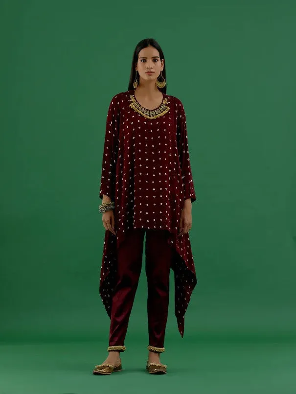 Maroon Bandhani Modal Satin Tunic With Ghungroo Lycra Pants (Set of 2)