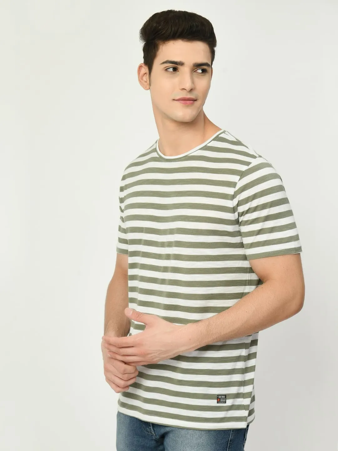 Men's Olive White Striped T-Shirt