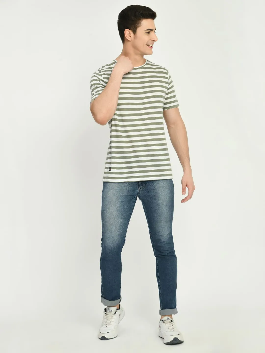 Men's Olive White Striped T-Shirt