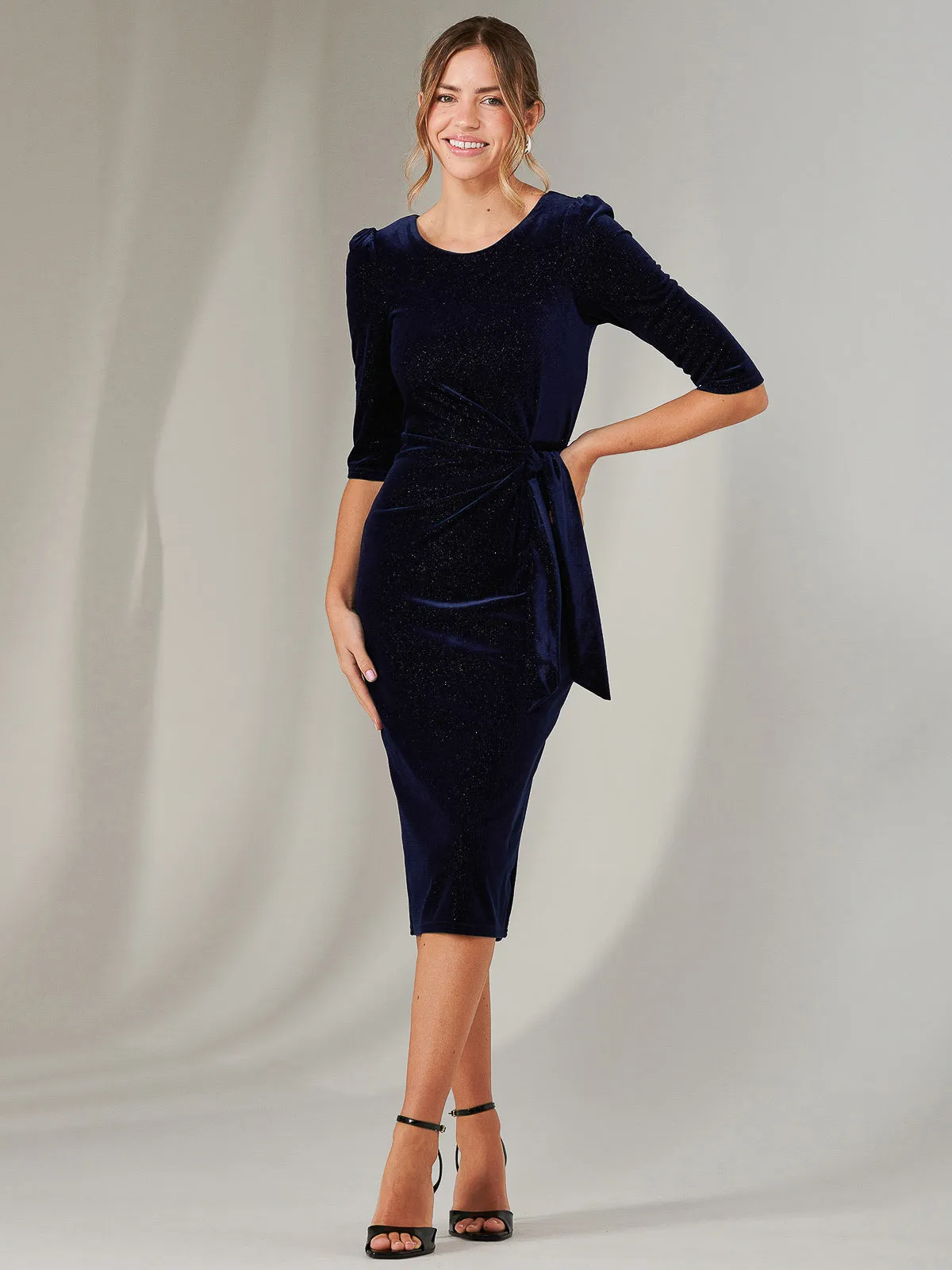 Metallic Spot Velvet Midi Dress, Navy