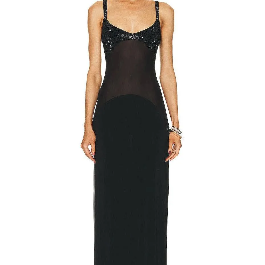 Mistie Black Crystal Embellishment Suspender Maxi Dress