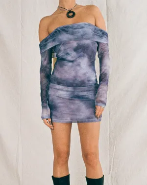 Nasami Long Sleeve Mesh Mini Dress in Smokey Gradients Purple