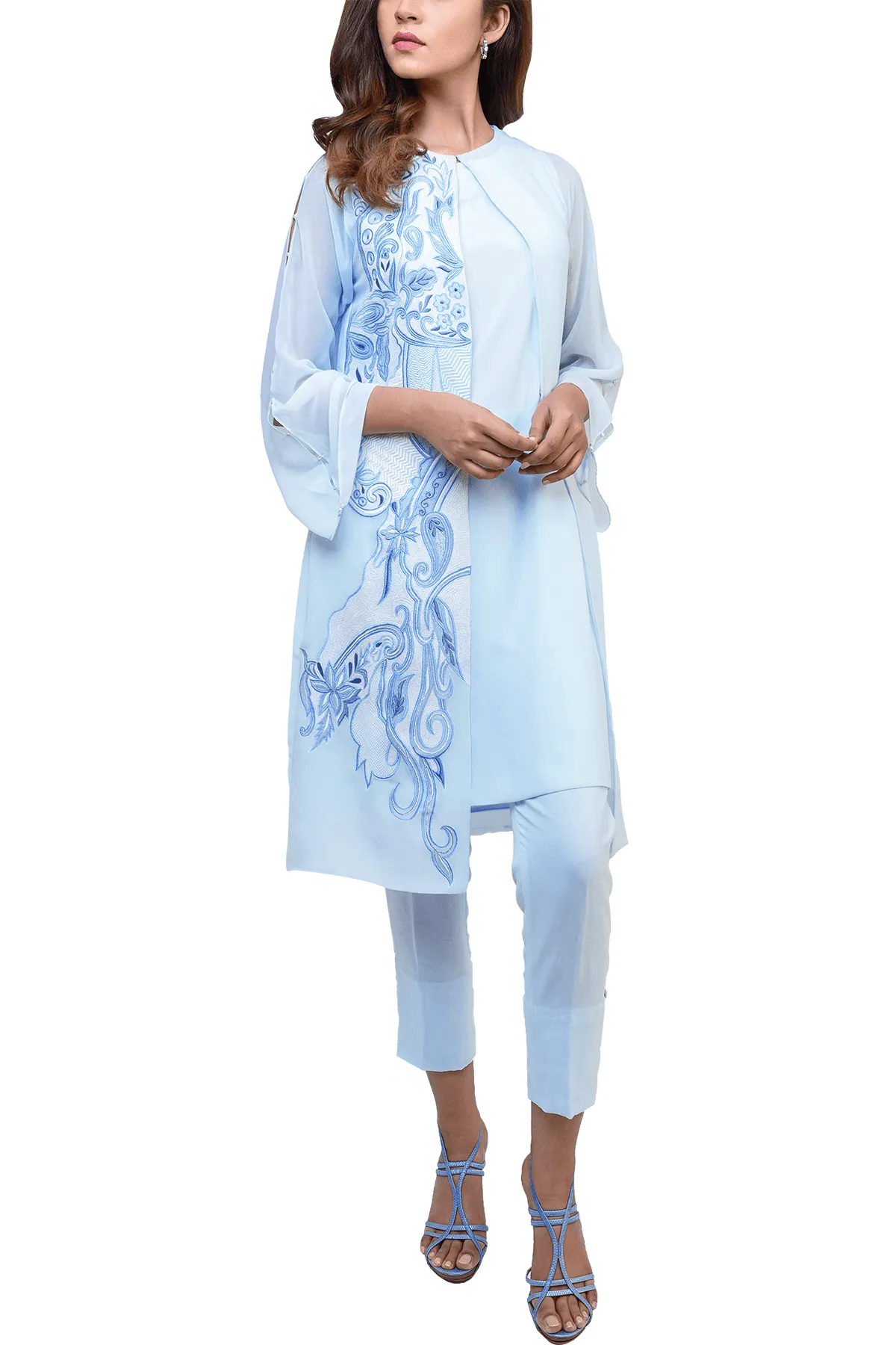 Natasha Kamal -  Bray Chiffon Jacket & Georgette Tunic With Lining & Raw Silk Trousers