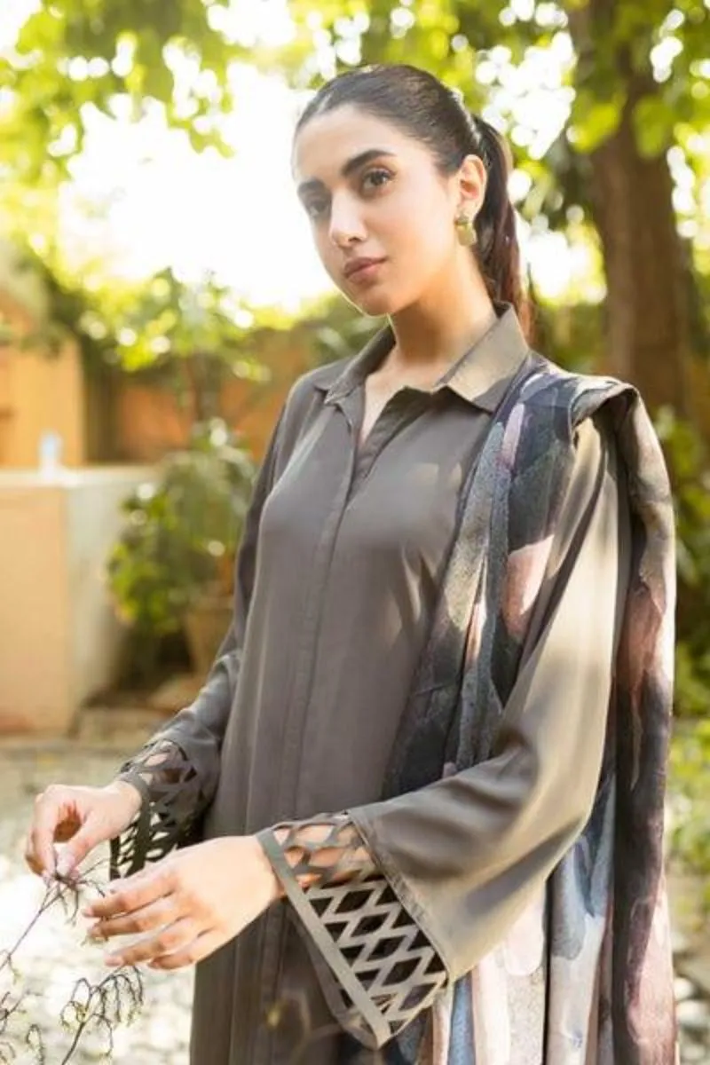 Natasha Kamal - Earthy Olive Georgette Chiffon Coord Set with Printed Silk Dupatta - 3 Pieces