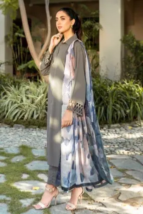 Natasha Kamal - Earthy Olive Georgette Chiffon Coord Set with Printed Silk Dupatta - 3 Pieces