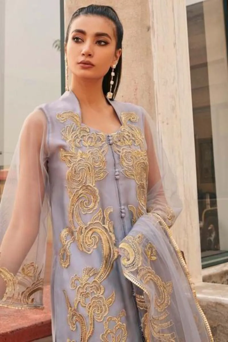 Natasha Kamal - Honest Blue and Grey Coord Set with Net Dupatta - 3 Pieces