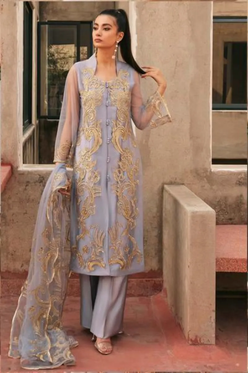 Natasha Kamal - Honest Blue and Grey Coord Set with Net Dupatta - 3 Pieces