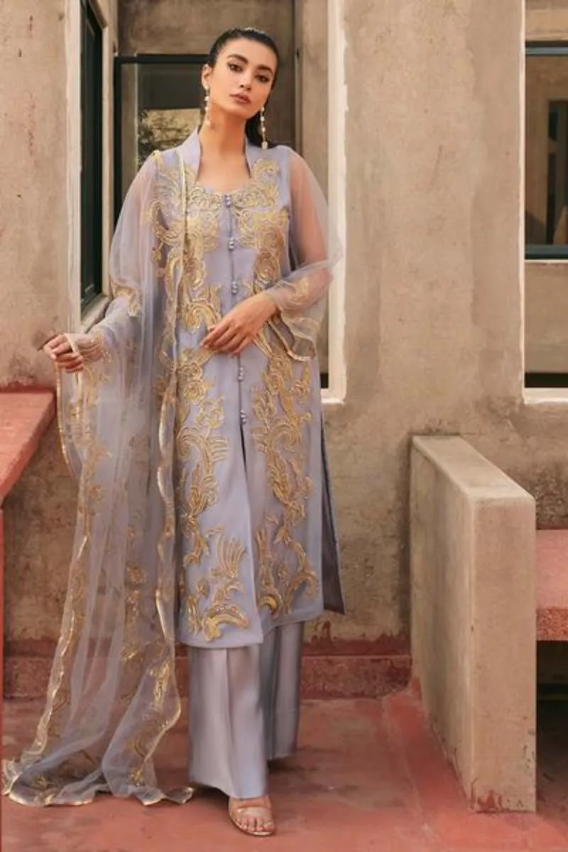 Natasha Kamal - Honest Blue and Grey Coord Set with Net Dupatta - 3 Pieces