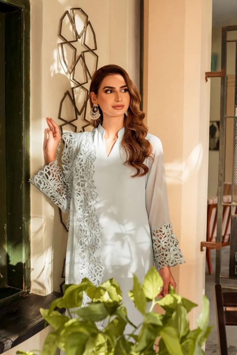 Natasha Kamal - Powder Blue Georgette Chiffon Shirt and Viscose Silk Pants with Mukesh Chiffon Dupatta - 3 Pieces