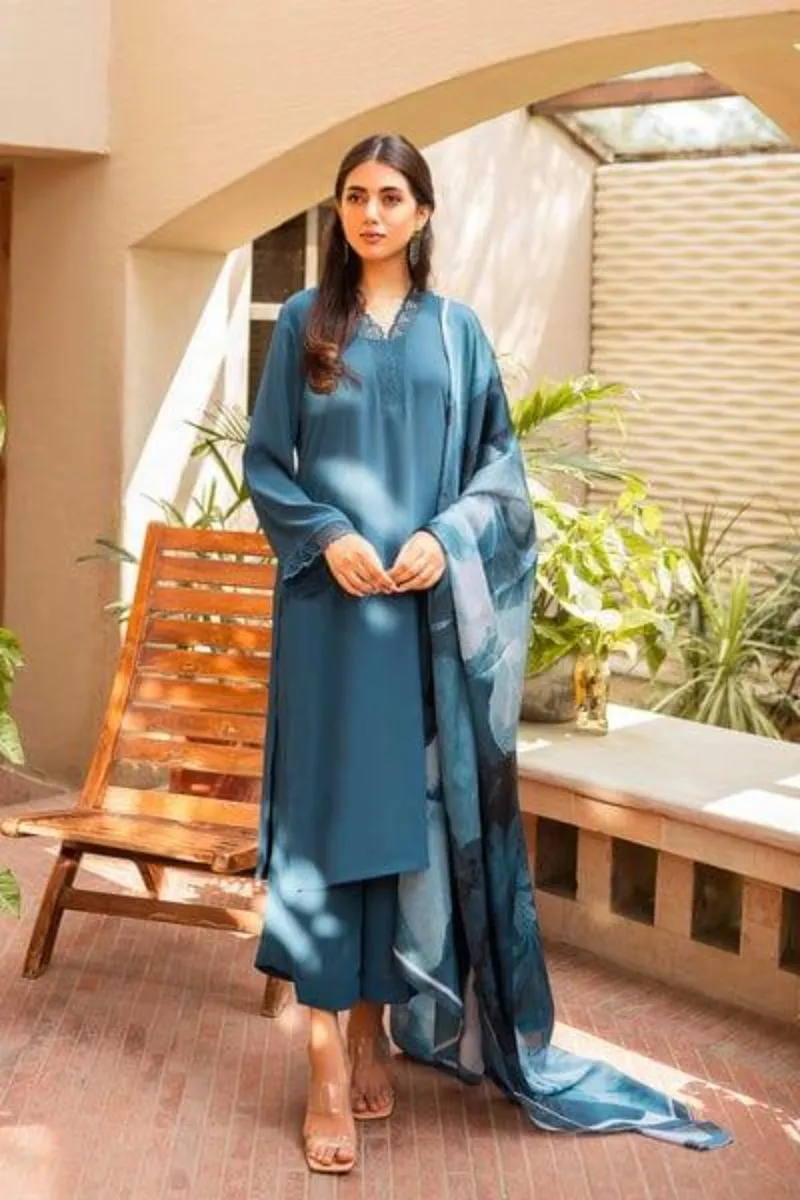 Natasha Kamal - Teal Georgette Chiffon Coord Set with Printed Silk Dupatta - 3 Pieces