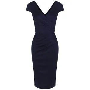 Navy Blue Capped Sleeve Bodycon Wiggle Dress